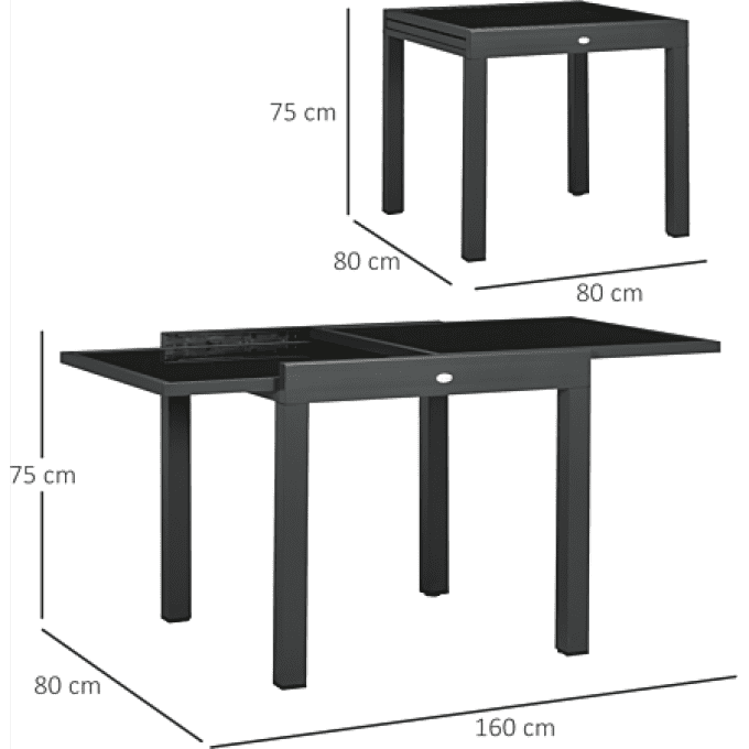 Table extensible de jardin grande dépliée 160L x 80l x 75H cm alu métal époxy anthracite