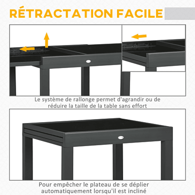 Table extensible de jardin grande dépliée 160L x 80l x 75H cm alu métal époxy anthracite