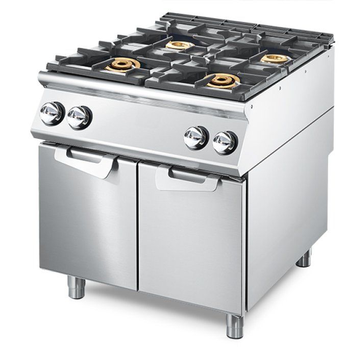 Cuisinière à gaz à 4 brûleurs sur soubassement + portes, plateau de travail emboutie VIRTUS VS9080PC